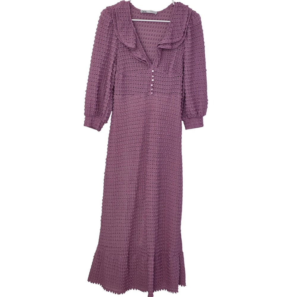Zara‎ Pointelle Knit Midi Dress Womens Small Pink Ruffle Cottagecore Coquette